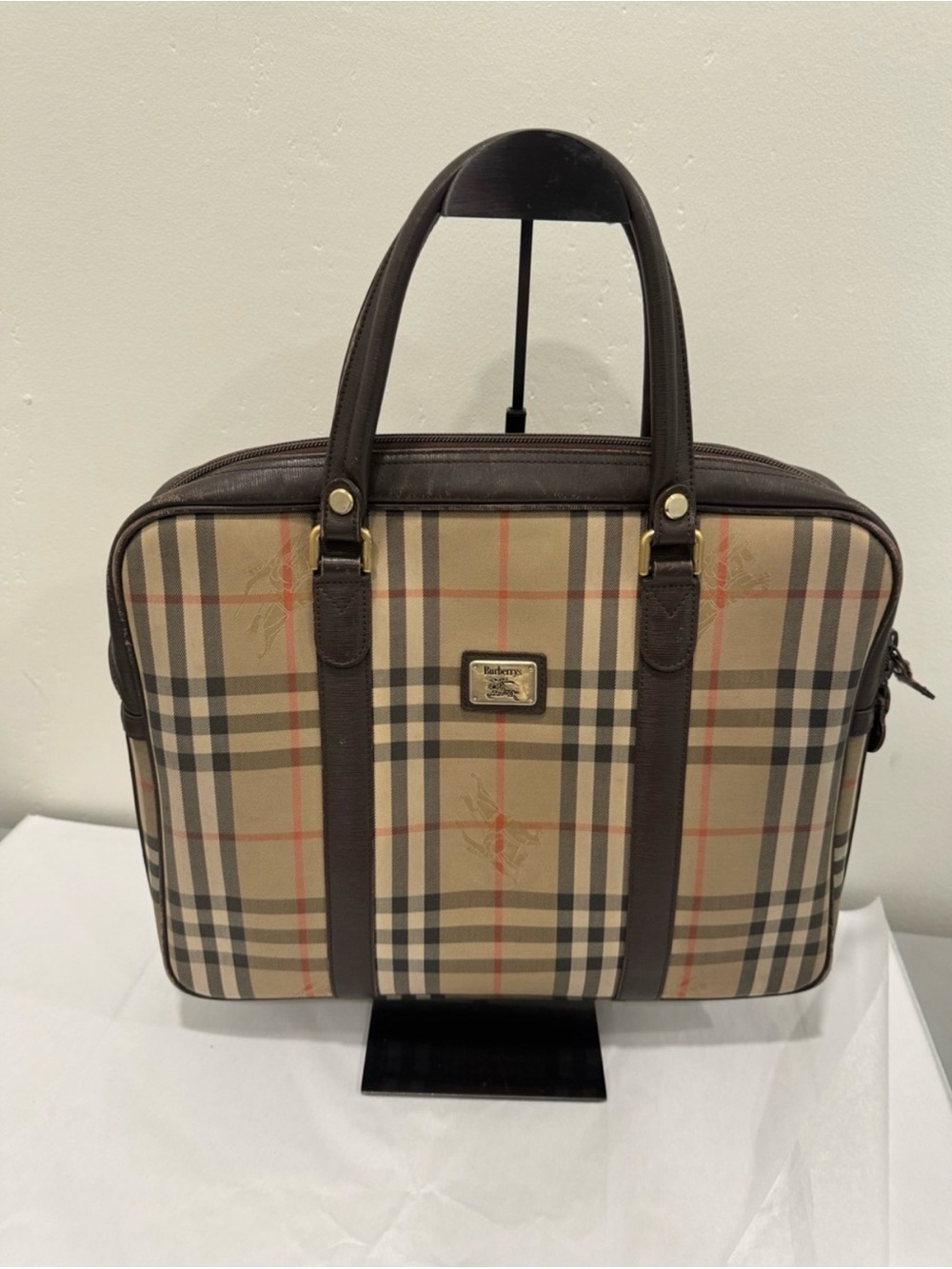 Burberry Beige and Brown Check top handle